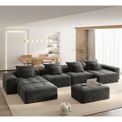 Modern Oversized Modular Sectional Sofa, Sparkling Chenille Fabric, 8 Pillows, No Assembly, BLACK