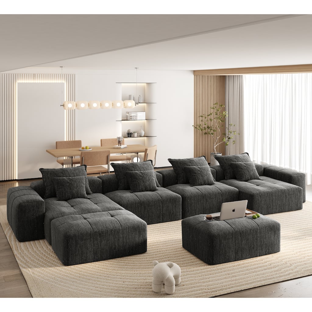 Modern Oversized Modular Sectional Sofa, Sparkling Chenille Fabric, 8 Pillows, No Assembly, BLACK