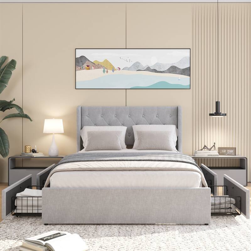 Full/Queen Size Platform Bed with 4 Drawers and Wingback Headboard