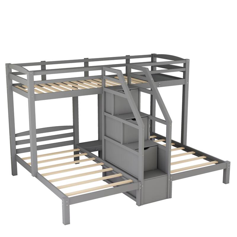 Gray Twin over Twin & Twin Bunk Bed with Built-in Storage Staircase and Storage Shelves