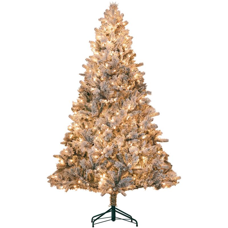 HOMCOM Pre-Lit Flocked Christmas Tree - Clear Lights, Metal Stand, Hinged Branches - Green