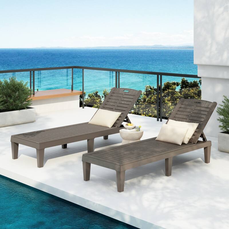 2-Piece Outdoor Chaise Lounges Resin Pool Lounge Chairs Outdoor Chaise Lounge Chair Set with Adjustable Backrest (Set of 2) - Light Brown