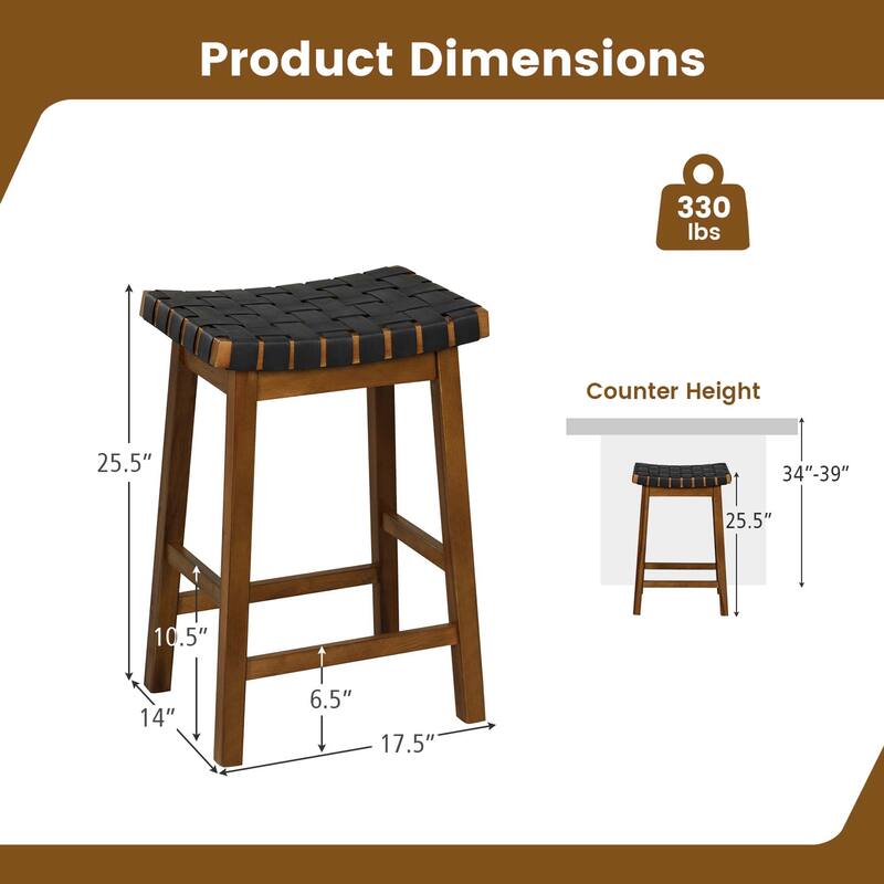 Set of 2 Woven Saddle Stools Faux PU Leather Kitchen Stool - Bar Height/Counter height/Counter Height
