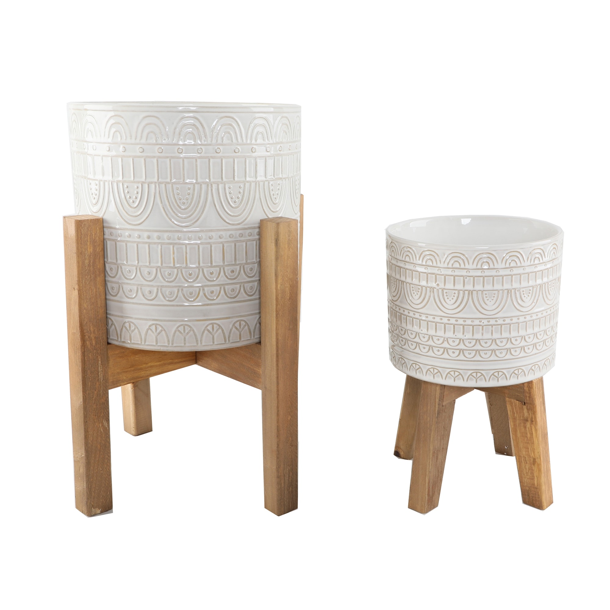 Mid-Century 10" & 8" Aqueduct Ceramic Planter on Wood Stand ，Set of 2