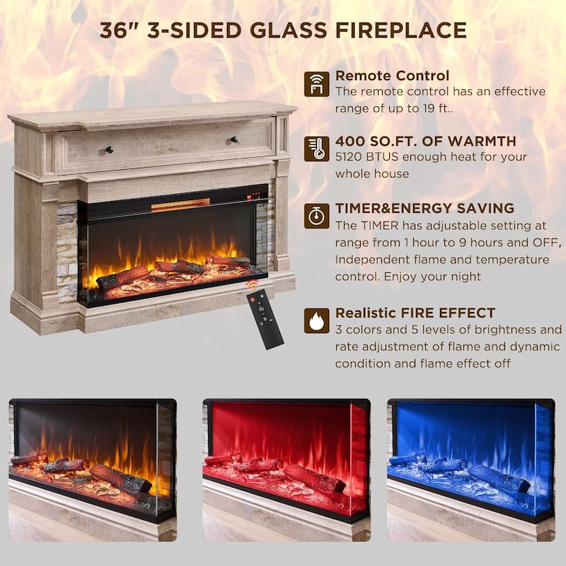 Farmhouse TV Stand With 3-Sided Glass Fireplace, Entertainment Center
