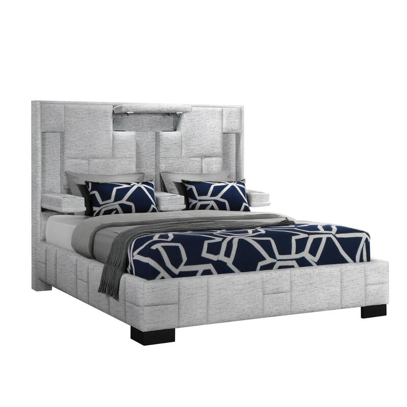 HomeRoots Black and Gray And Upholstered Lighted Queen Bed Frame with USB