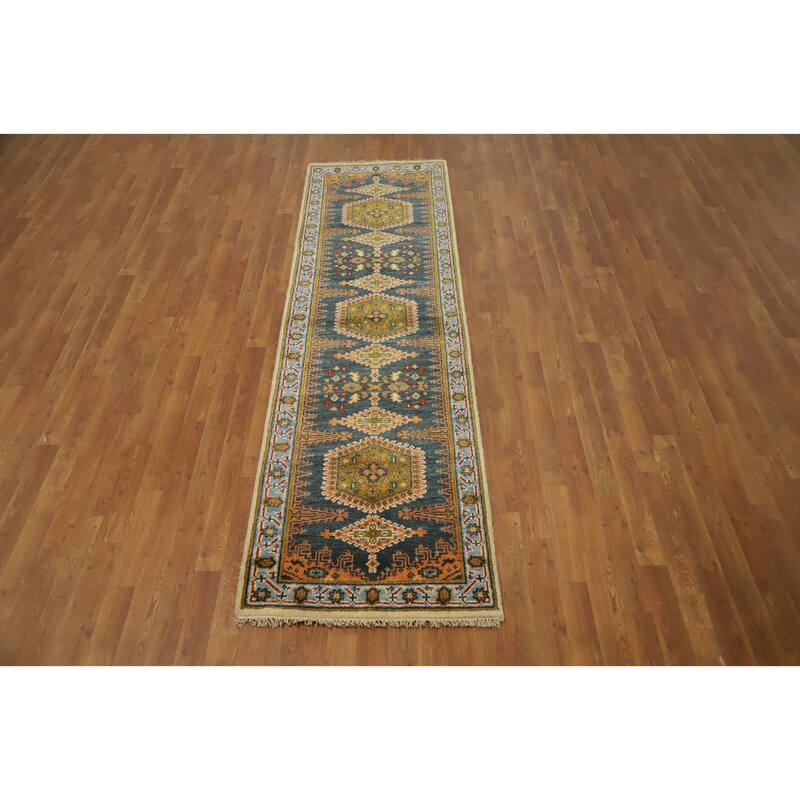 Hand Knotted Oriental 100% Wool Carpet Traditional Geometric Navy Blue & Blues Viss Runner Rug - 8' 9'' X 2' 7''
