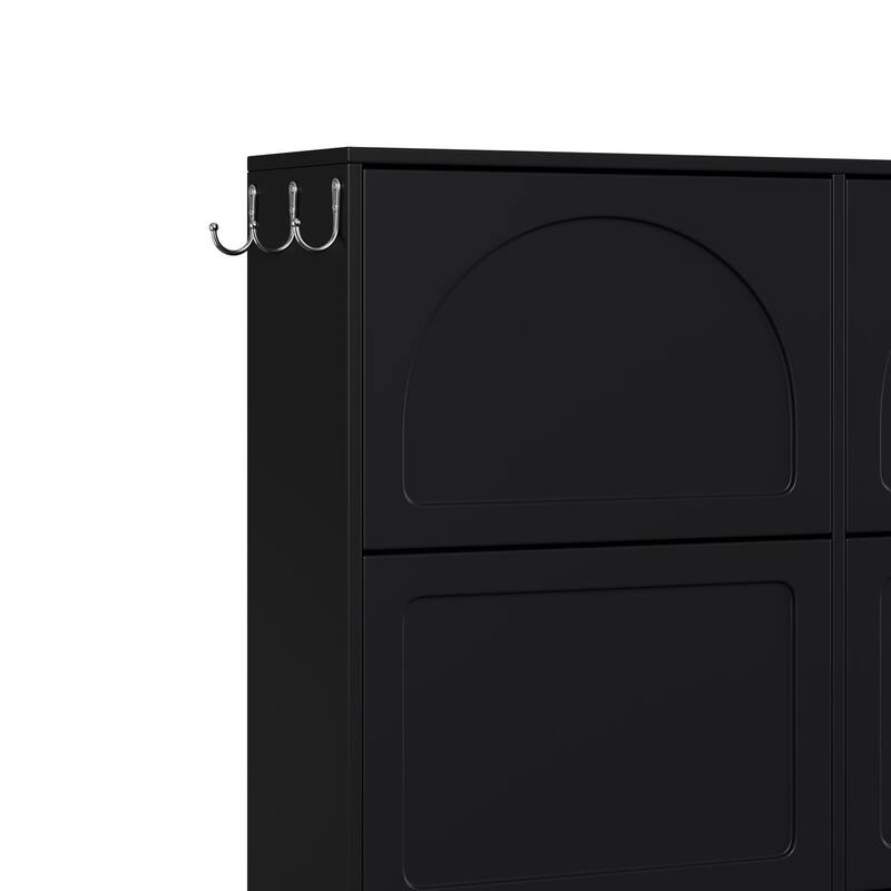Narrow Tipping Bucket Shoe Cabinet With 6 Flip Drawers,Adjustable Shelf,Free-Standing Shoe Rack With 3 Silvery Hooks, Black