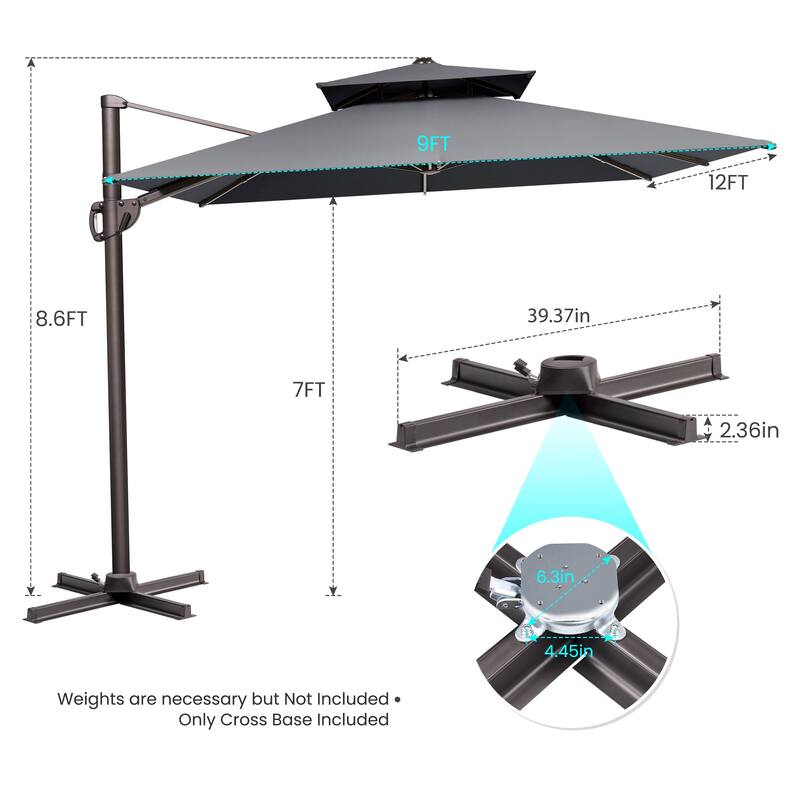 9 x 12 ft Double Top Patio Cantilever Umbrella with No Base, 360-degree Rotation
