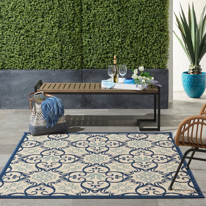 Nourison Caribbean Floral Geometric Indoor/Outdoor Area Rug - 3'11" x 5'11" - Ivory/Navy