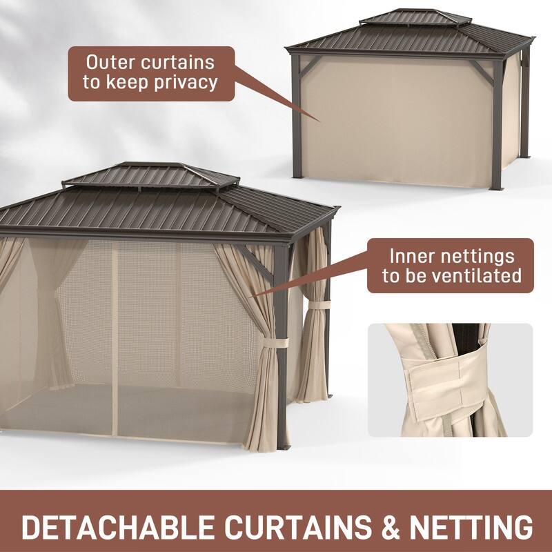 10x12 FT Hardtop Double-top Patio Gazebo with Polyester Curtains and Nettings