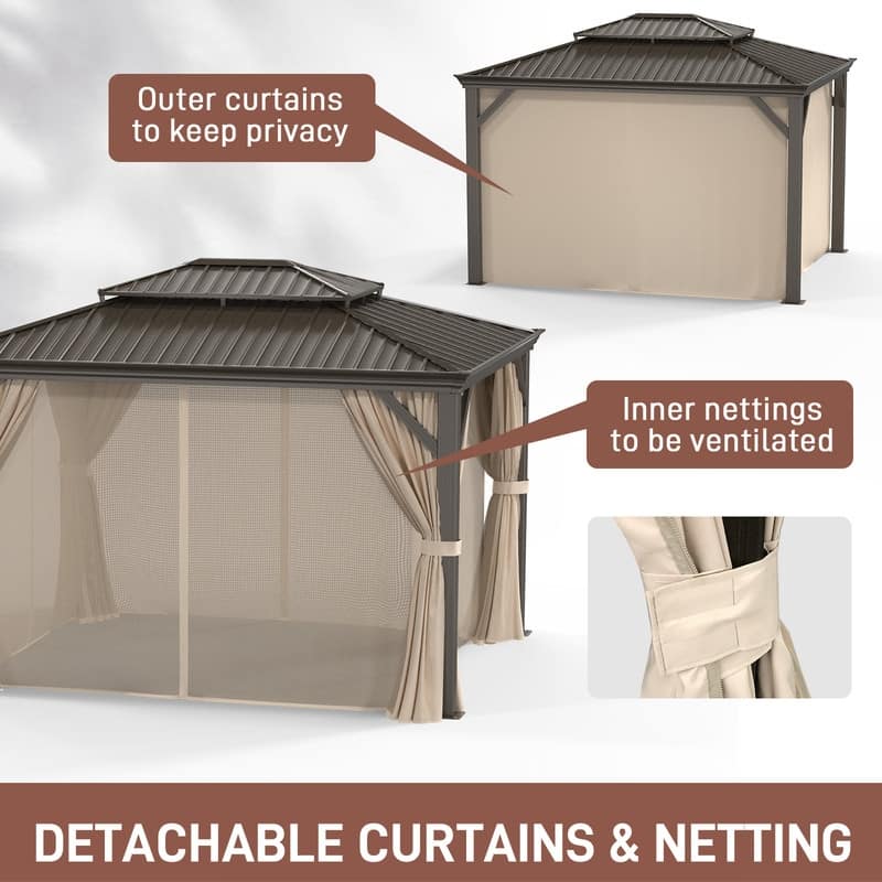 Outdoor Hardtop Double-Top 12 Ft x 10 Ft Galvanized Steel Patio Gazebo with Curtains Nettings