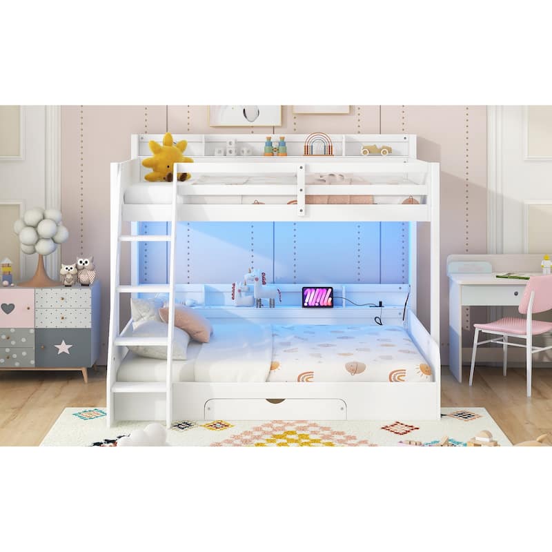 Twin over Full Bunk Bed with LED Lights, Charging Station, Storage Shelves & Drawer, Solid Pine Wood
