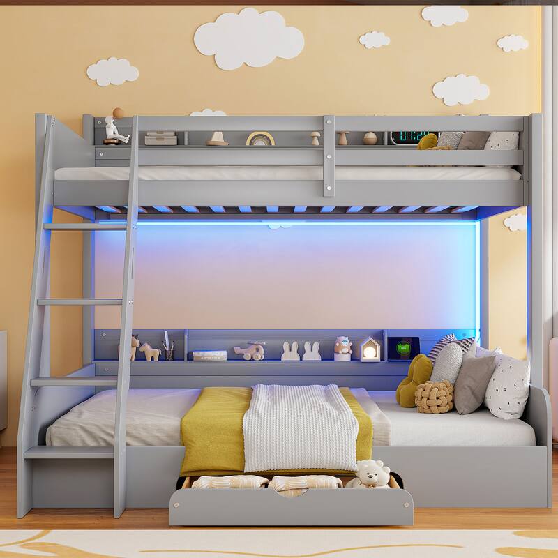 Roomfitters Twin Over Full Bunk Bed with Storage Shelves, LED and Charging Station
