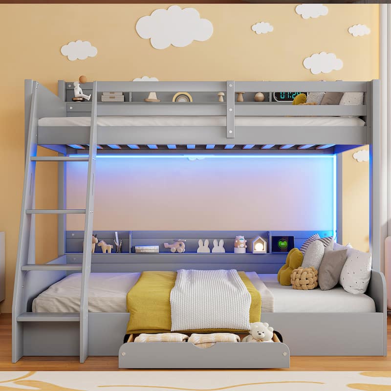 Twin over Full Wooden Bunk Bed with Charging Station, Solid Pinewood LED Storage Bed Frame with Storage Shelves and Drawer - Grey - Full