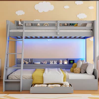 Twin over Full Wooden Bunk Bed with Charging Station, Solid Pinewood LED Storage Bed Frame with Storage Shelves and Drawer