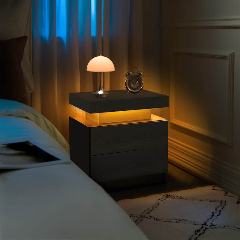 GDF Studio - Avalon Modern LED Nightstand with Dual Drawers and Open Storage Shelf