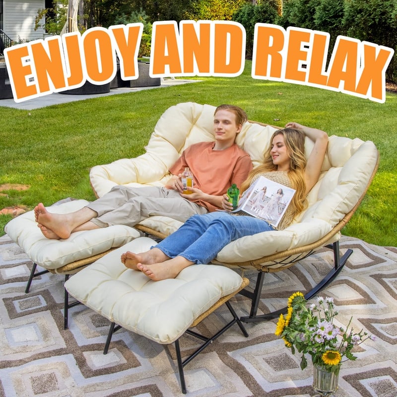 FINCATI Outdoor Double Papasan Chair, Oversized Patio Rocking Chair, 700 lbs Indoor Wicker Rocking Chair for Two