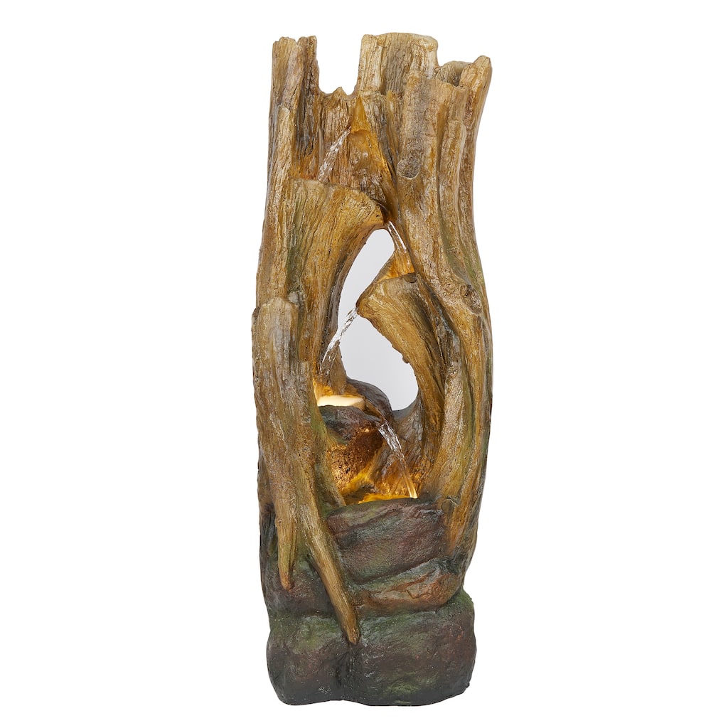 Alpine Corporation TZL392 39 In. Cascading Tree Trunks Waterfall Fountain with LED Lights, Outdoor Floor Water Feature, Brown