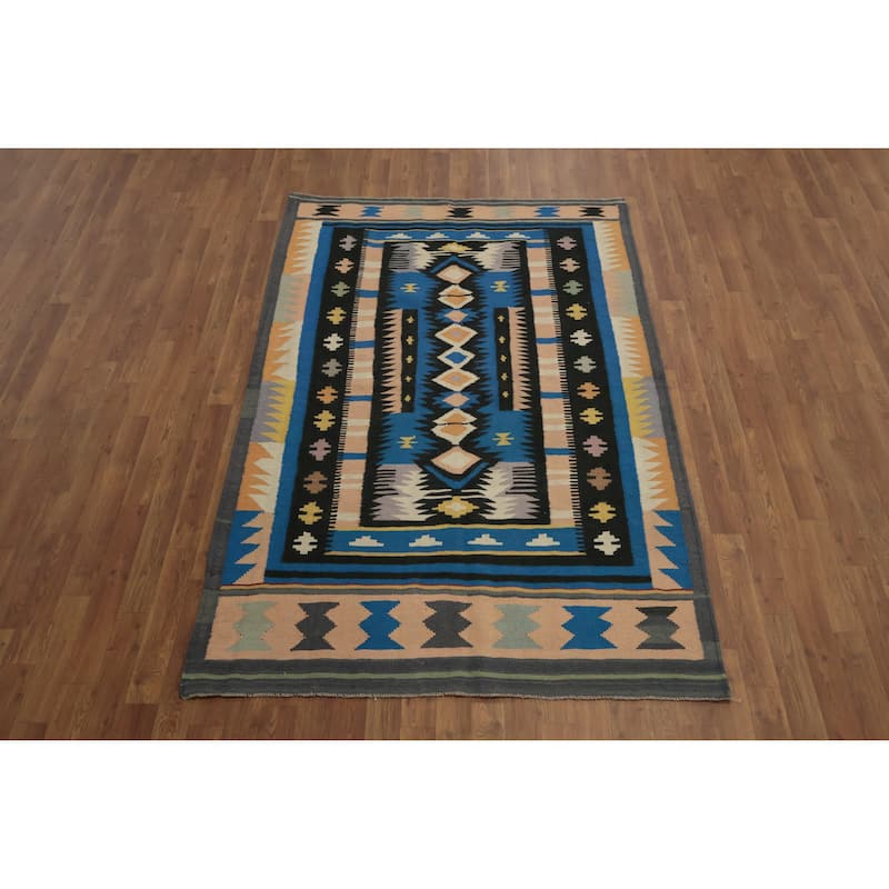 Hand Woven Oriental 100% Wool Carpet Southwestern Tribal Navy Blue & Blues Kilim Area Rug - 6' 11'' X 4' 5''