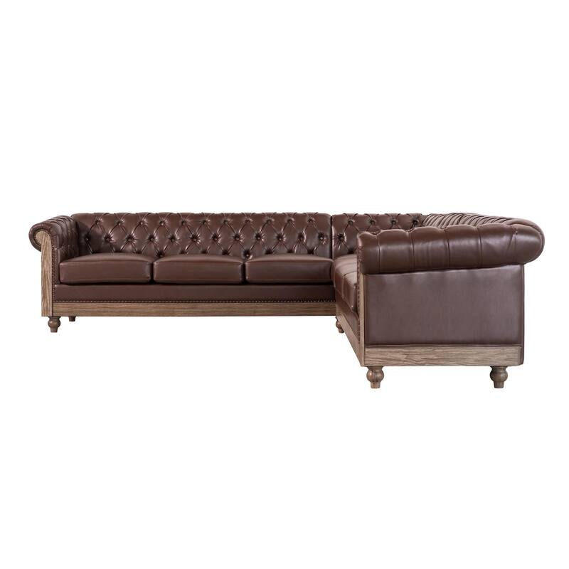 L-Shaped Sectional Sofa with Nailhead Trim & Wooden Legs, PU Leather Upholstered Sofa, Large Corner 6-Seater Sofa