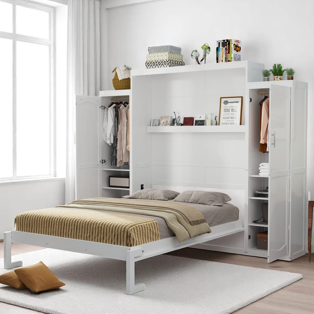 Full/Queen Murphy Bed with 2 Wardrobes and Shelf, Foldable Wall Bed Frame with Storage for Guest Room or Bedroom