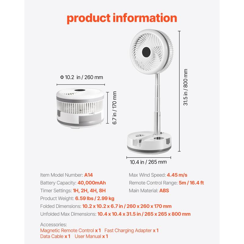 10 inch Foldable Rechargeable Oscillating Fan 3 in 1 Remote 9 Speeds