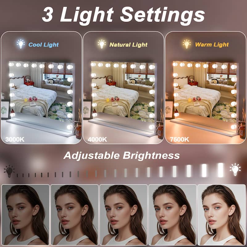 31.5"x22.8"Tempered Glass Large Mirror with 18 Dimmable Bulbs, Table/Hanging Mirror with Touch Screen & USB Charge Port