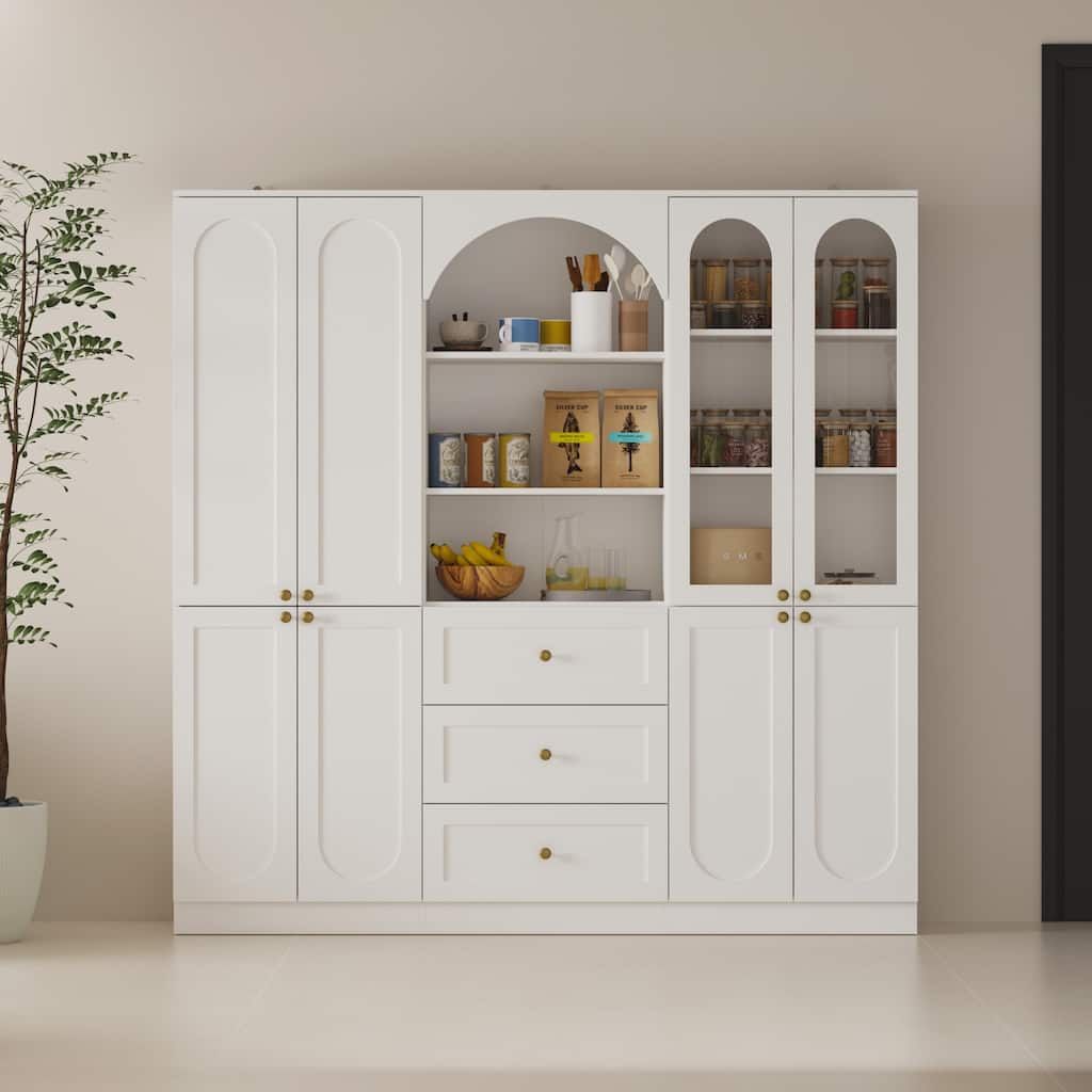 Elegant White Buffet: Arched Design, Glass - door Display & Spacious Storage
