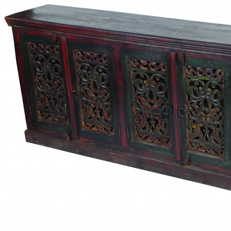 HomeRoots 101" Brown and Green Solid Wood Buffet Table with Six Doors - 101.00 in. x 36.00 in. x 16.00 in.