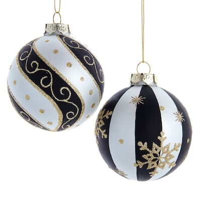 Kurt Adler 80 MM Silver/ Black/ Gold Glass Balls, 6-Piece Set