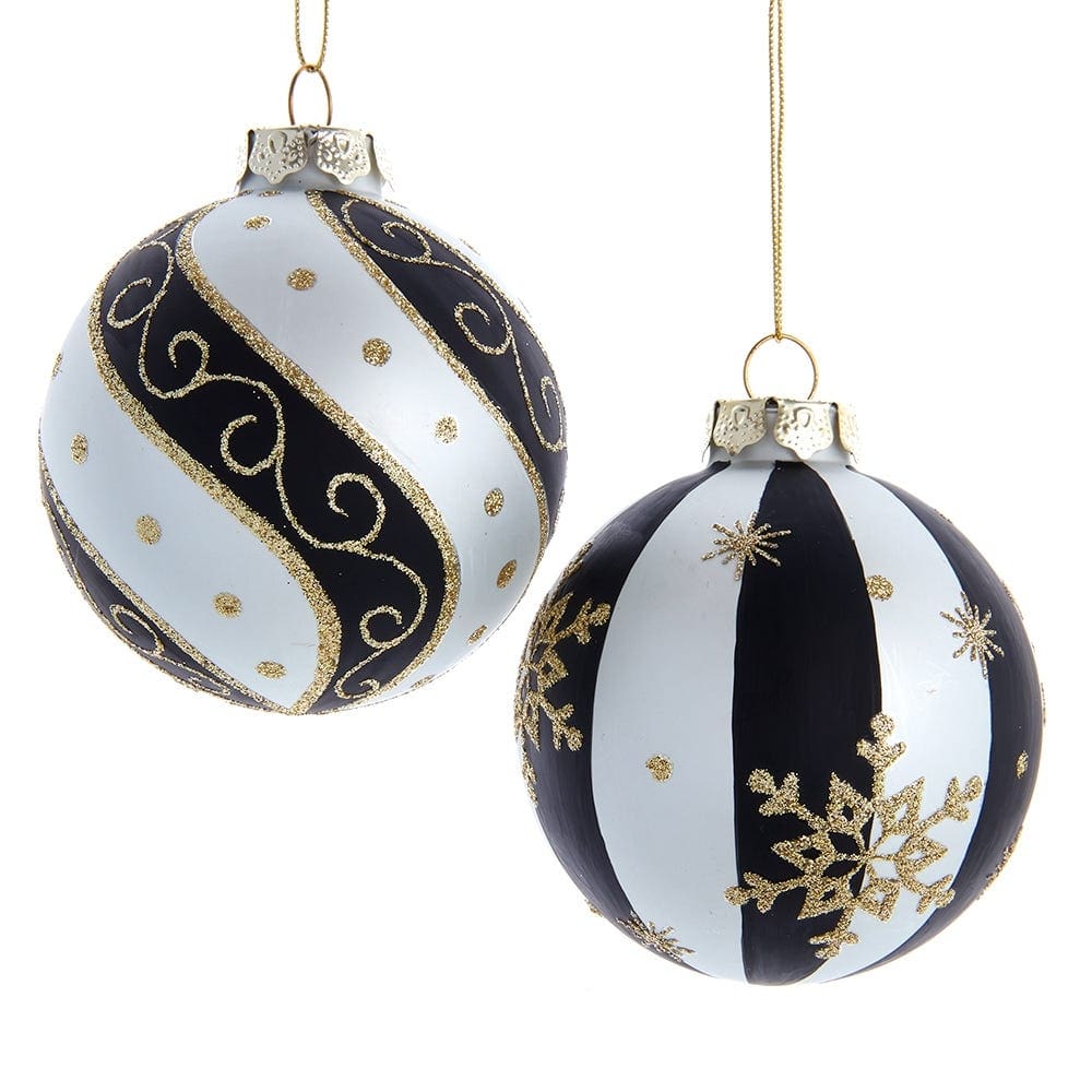 Kurt Adler 80 MM Silver/ Black/ Gold Glass Balls, 6-Piece Set
