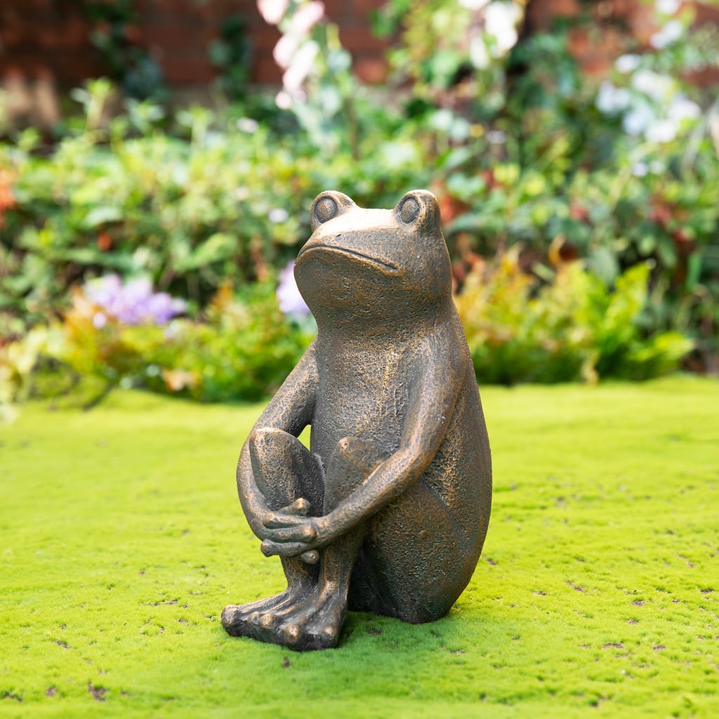 Glitzhome 12''H Resin Bronze Squatting Sitting Frog Statue