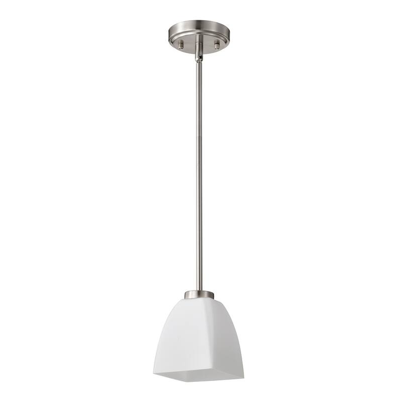 1-Light Brushed Nickel Mini Pendant with Pyramid Shaped Etched White Glass Shade