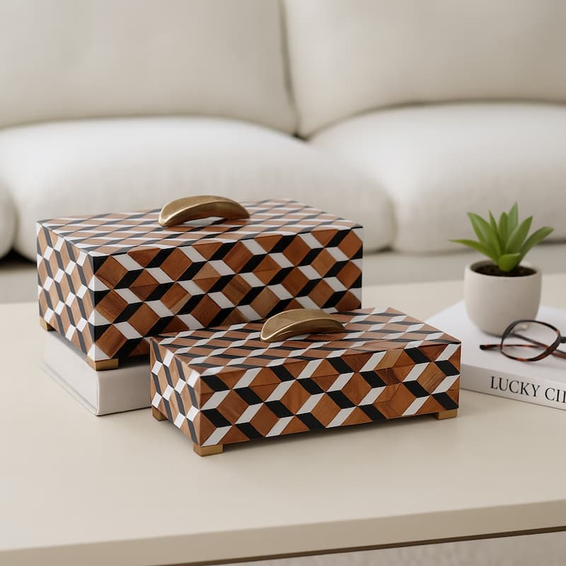 Modern Decorative Boxes with Lid - Set of 2, 14", Black, Brown - 14.0"