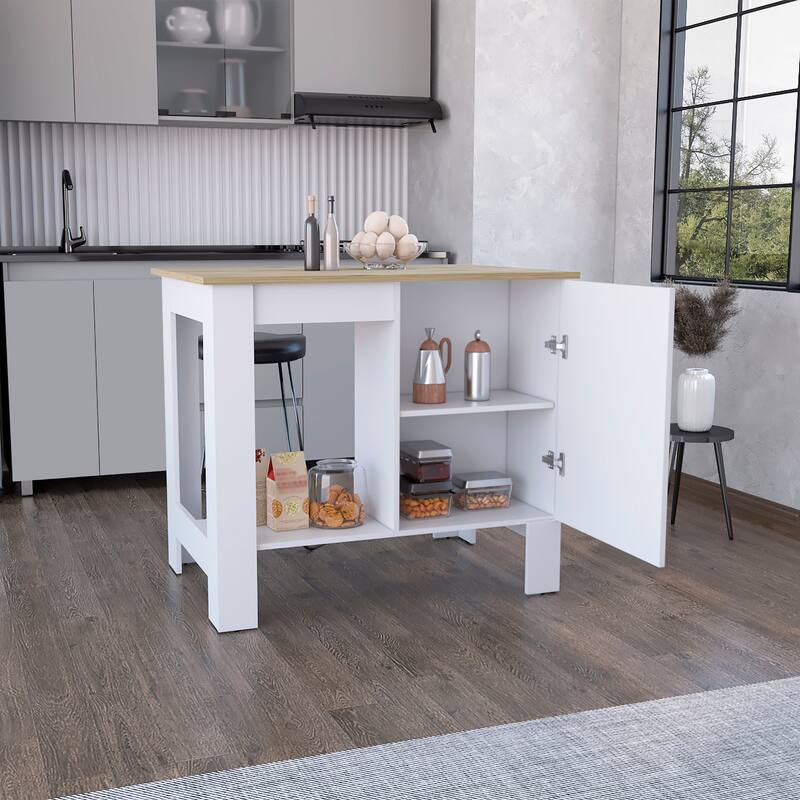 Atenea Kitchen Island, Single Door Cabinet, Shelf White / Macadamia