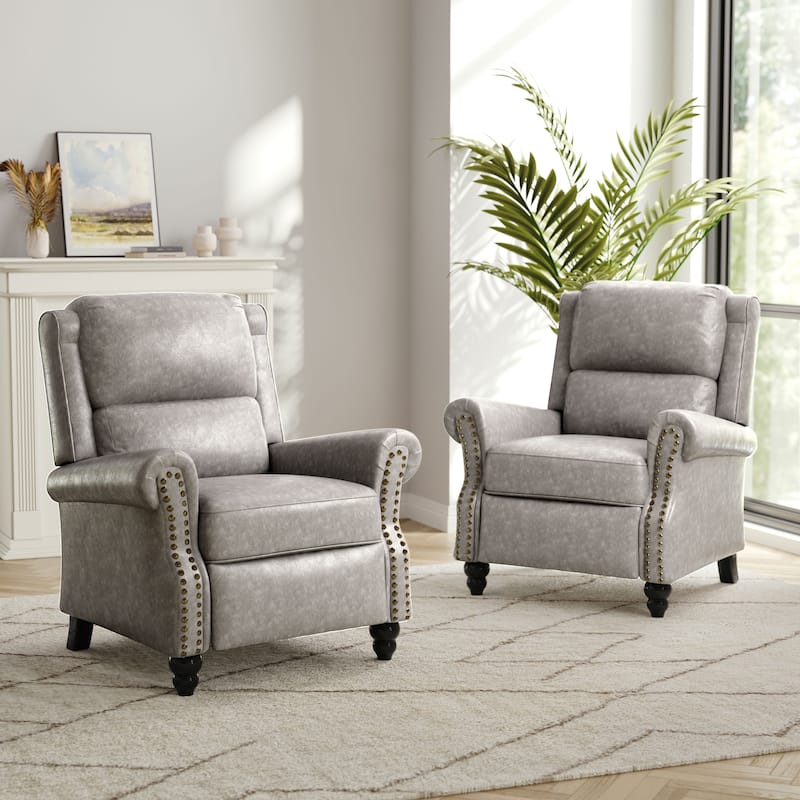 2 Set Nail-head Padded Seat Pushback Recliner Chair - Grey PU