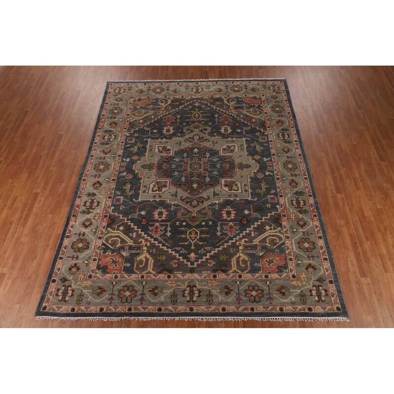 Blue Geometric Heriz Serapi Oriental Area Rug Hand-Knotted Wool Carpet - 9'3"x 11'9"