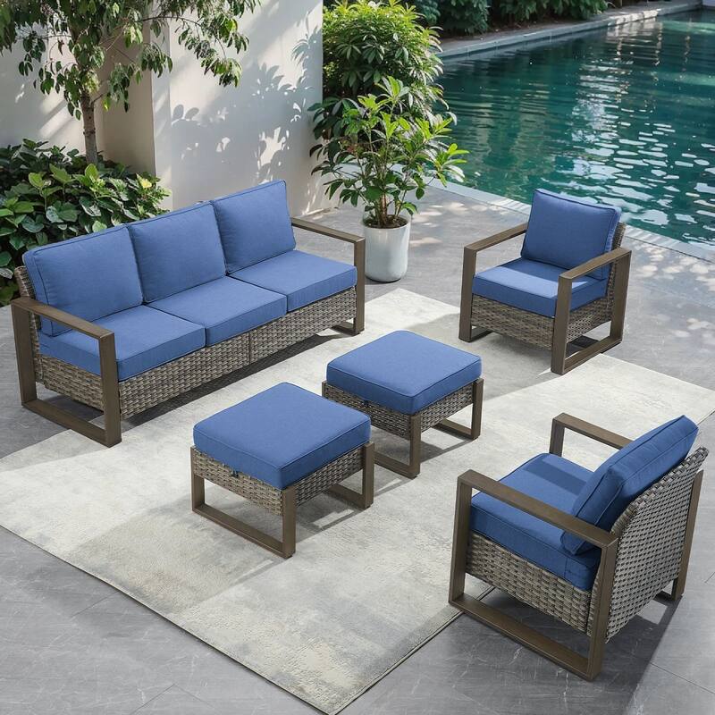 Pocassy Outdoor Sofa, Swivel Chair, Patio Chair Ottoman Set - 5 Pieces Sofa Patio Chairs w/ Ottoman - Grey Wicker Blue Cushion