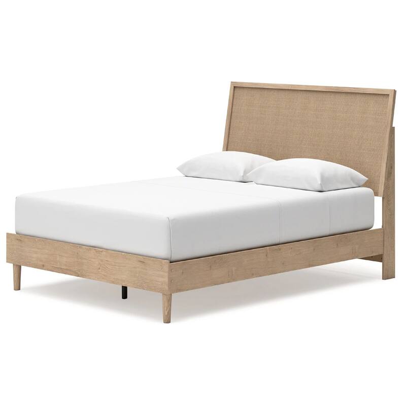 Ciel Queen Panel Bed with Cane Style Headboard, Brown and Beige Wood