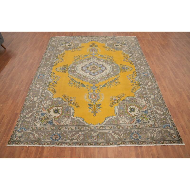 Hand Knotted Oriental 100% Wool Carpet Traditional Floral Yellow & Gold Tabriz Area Rug - 12' 6'' X 9' 6''