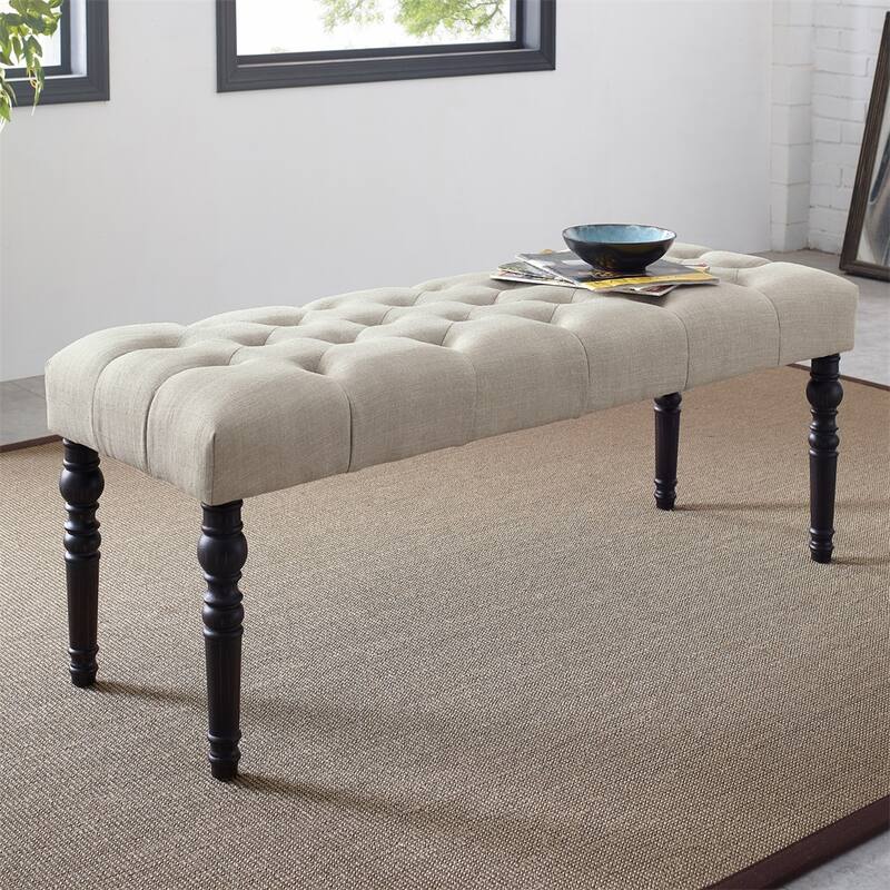 Fabric Tufted Turned Leg Dining Bench - Tan