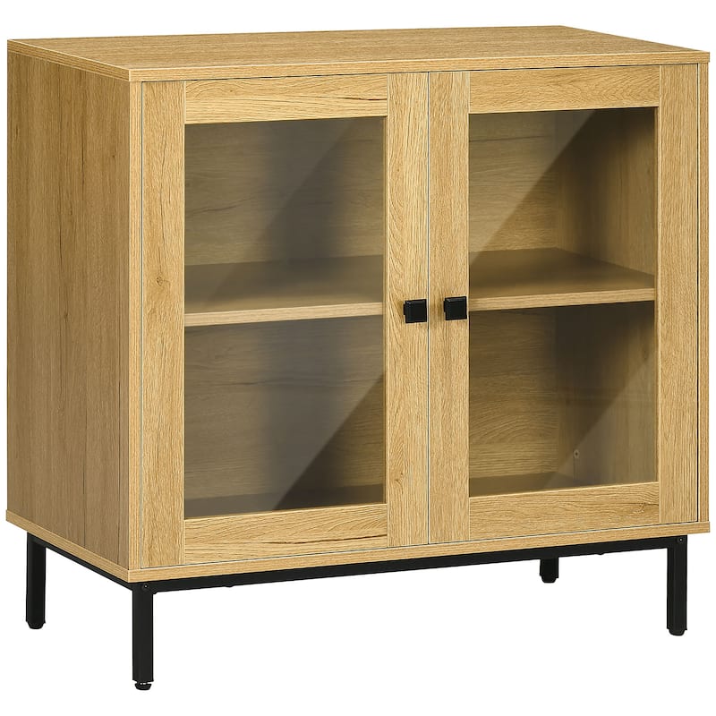 HOMCOM Kitchen Cabinet, Floor Storage Cabinet with Double Glass Doors, Metal Legs, Oak
