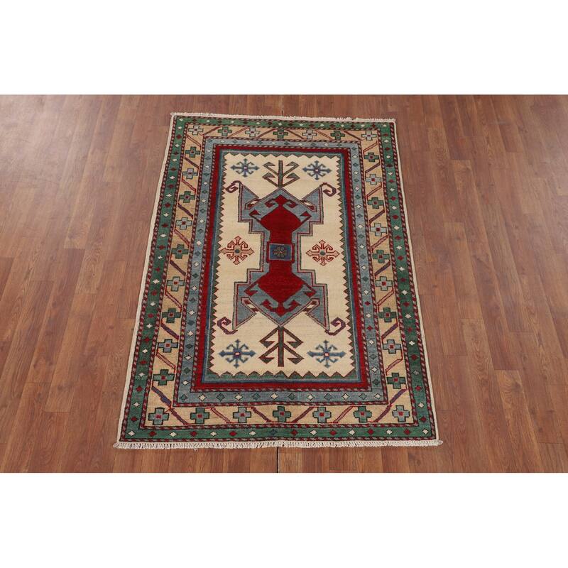 Ivory Geometric Kazak Accent Rug Hand-Knotted Wool Carpet - 3'5" x 5'0"