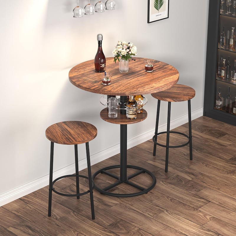 VECELO Bar Table Set, Round Bistro Bar Table Wooden Top, Sturdy Metal Frame with Pedestal, Set of 1/3