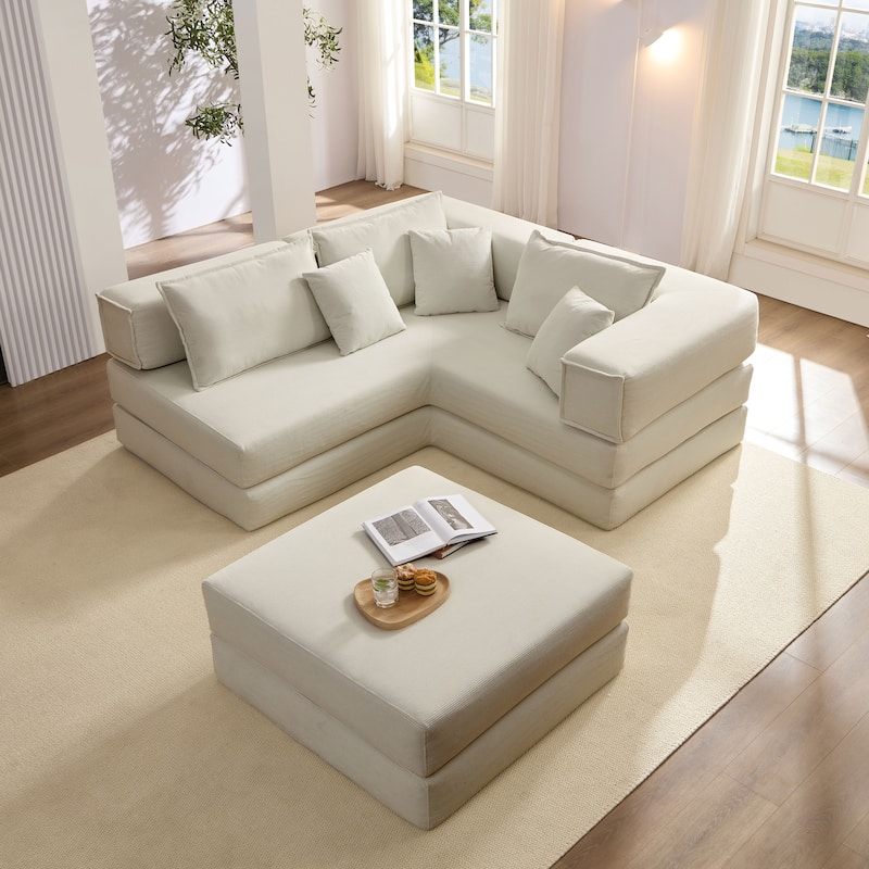 DIY Modular Corduroy L-Shaped Floor Sofa Set with 6 Pillows