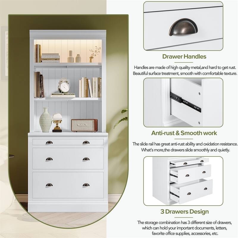 83.4"Tall Bookshelf with LED Lighting, 3 Drawer and Open Shelves
