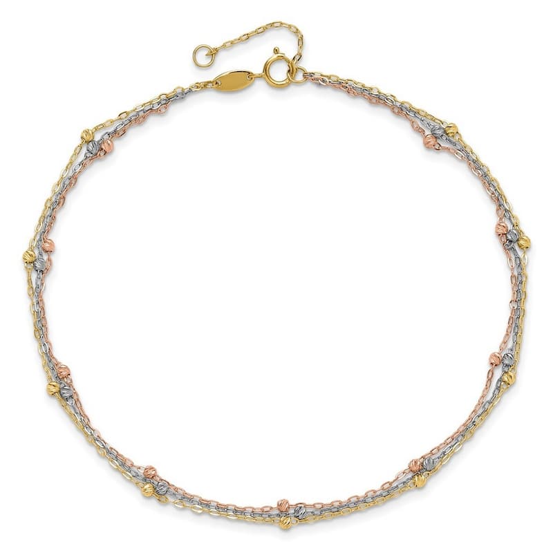 Curata Women's 14k Tri-color 3-strand Diamond-Cut Beaded Anklet - 10 Inch