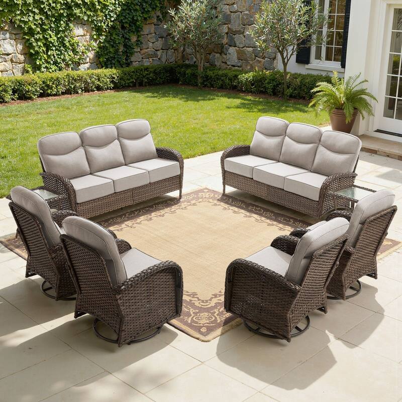 Luna 8-Piece Wicker Patio Conversation Set with Swivel Gliders and 6-Inch Thick Olefin Cushions - Beige Cushions - Brown Wicker