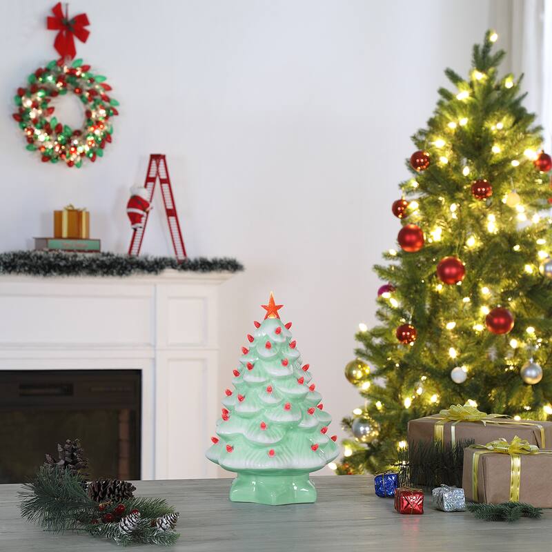 14 in. Nostalgic Ceramic Tree - Seafoam with Red Bulbs